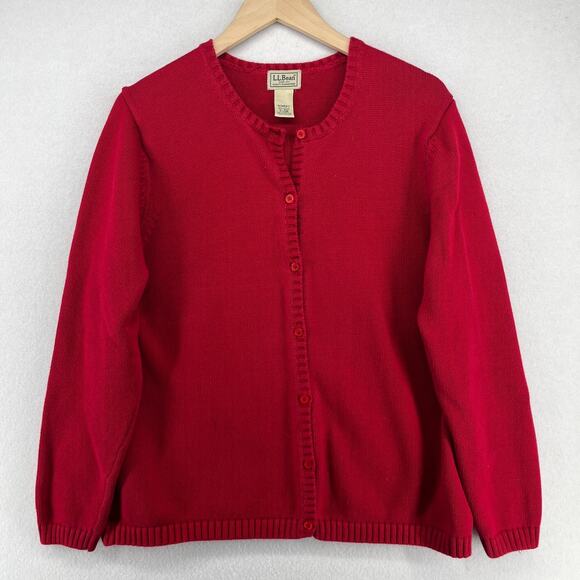 LL BEAN Sweater Womens XL Cardigan Button Up Crewneck Jumper Cotton Red HK VTG - Picture 1 of 14